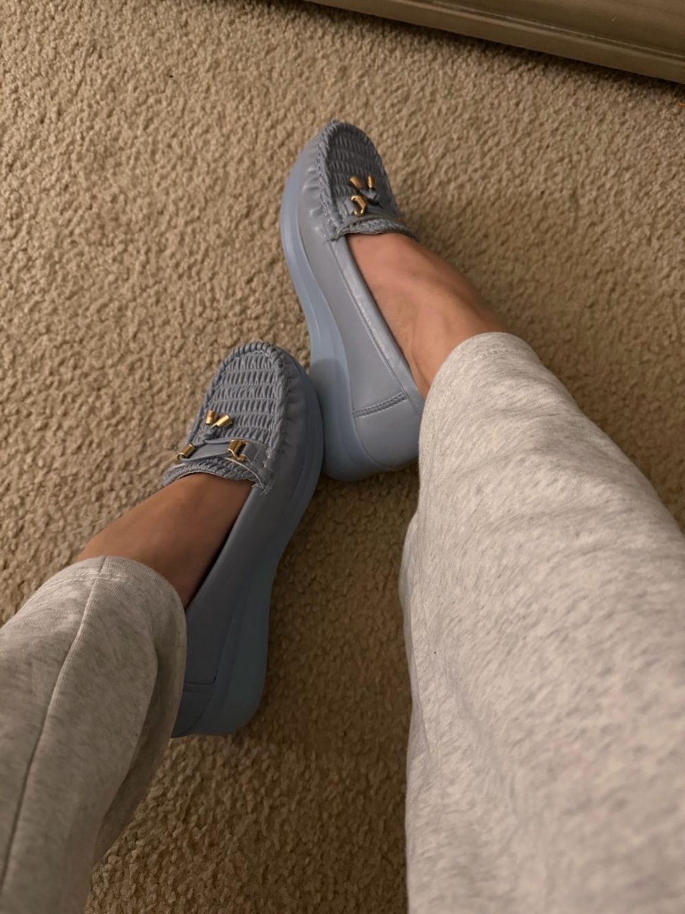 Light Blue Women's Moccasin Loafers with Gold Accent